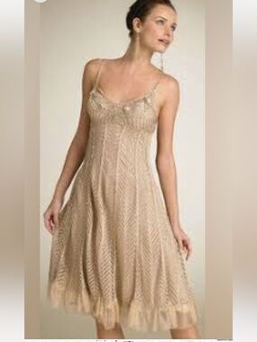 Sue Wong Beaded Crochet Dress Metallic Champagne with Mesh Ruffle Hem Size L